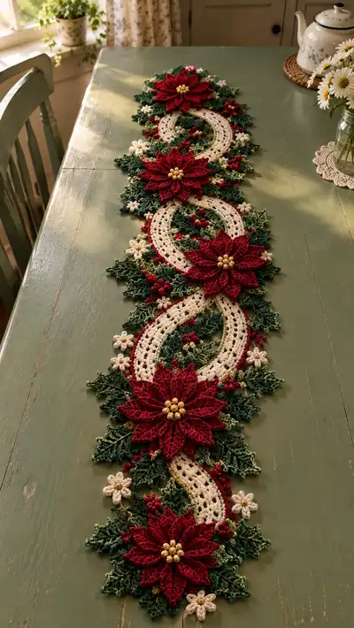 Cranberry Red Poinsettia And Cream Table Runner Pattern step 1 - construction progress