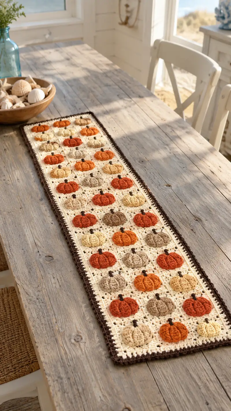 Autumn Pumpkin Patch Table Runner Pattern crochet pattern - detailed view of completed project