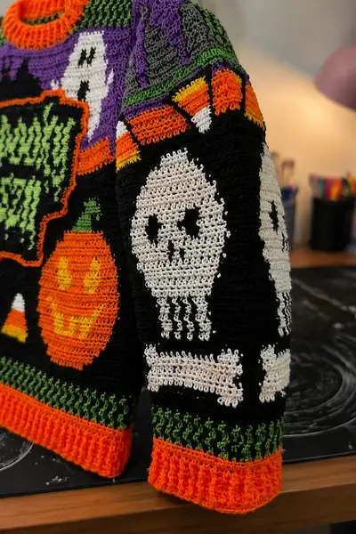 Spooky Halloween Sweater Crochet Pattern step 2 - assembly progress