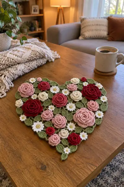 Heart Shaped Rose and Daisy Table Doily Pattern step 1 - construction progress