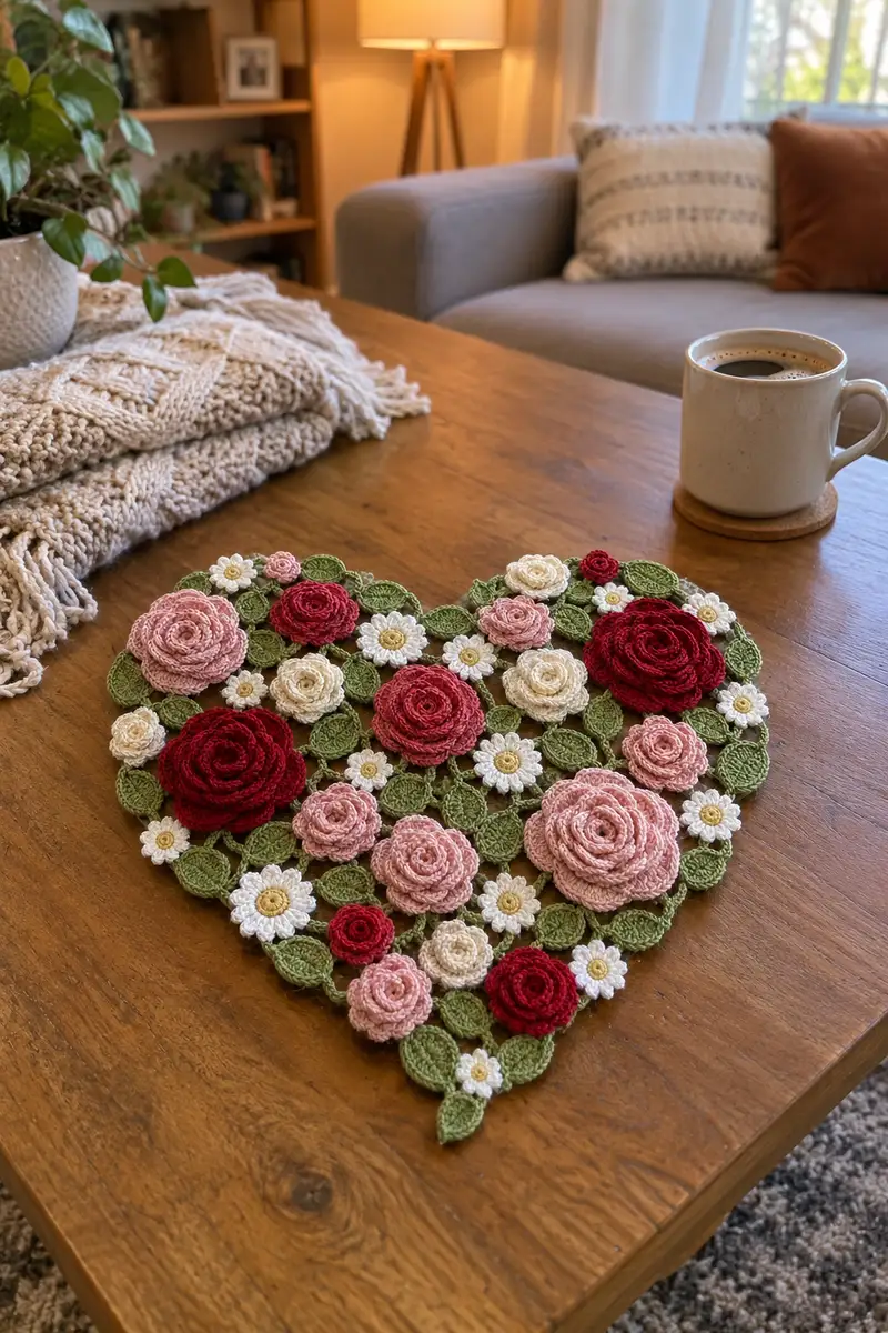 Heart Shaped Rose and Daisy Table Doily Pattern crochet pattern - detailed view of completed project