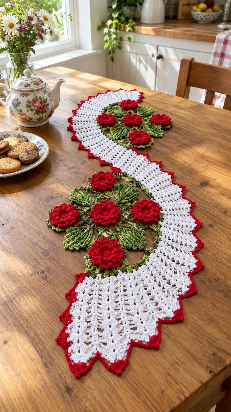 Elegant Rose Table Runner Pattern crochet pattern - detailed view of completed project
