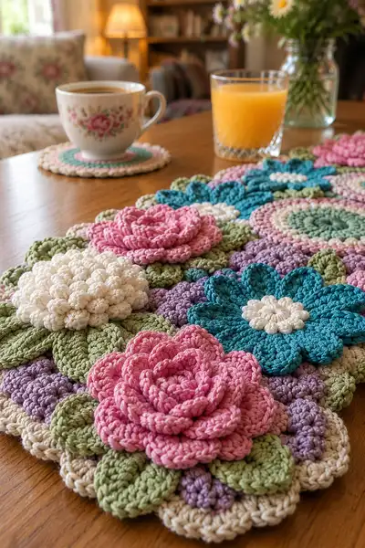 Rose and Coaster Fancy Crochet Table Runner Pattern step 2 - assembly progress