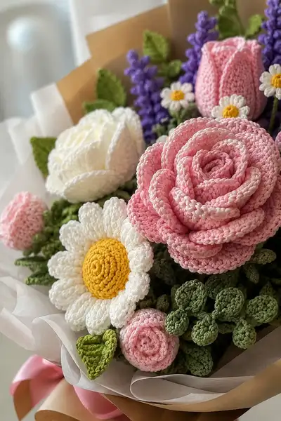 Handmade Crochet Flower Bouquet Pattern step 2 - assembly progress