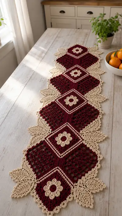 Elegant Diamond Floral Table Runner Pattern step 1 - construction progress