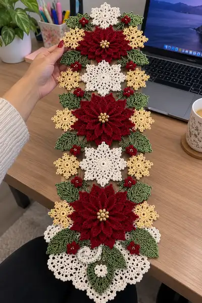 Festive Poinsettia Table Runner Pattern step 1 - construction progress