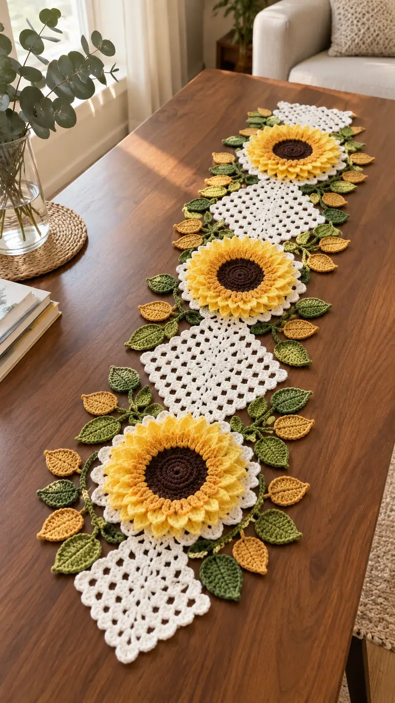 Sunflower Table Runner Pattern crochet pattern - detailed view of completed project