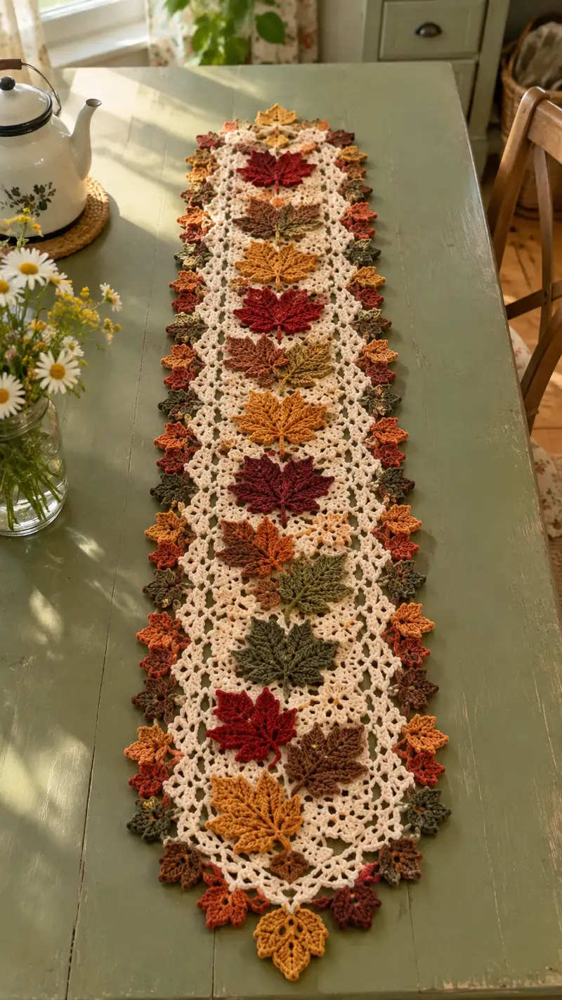 Autumn Maple Leaf Cream and Burgundy Table Runner Pattern crochet pattern - detailed view of completed project
