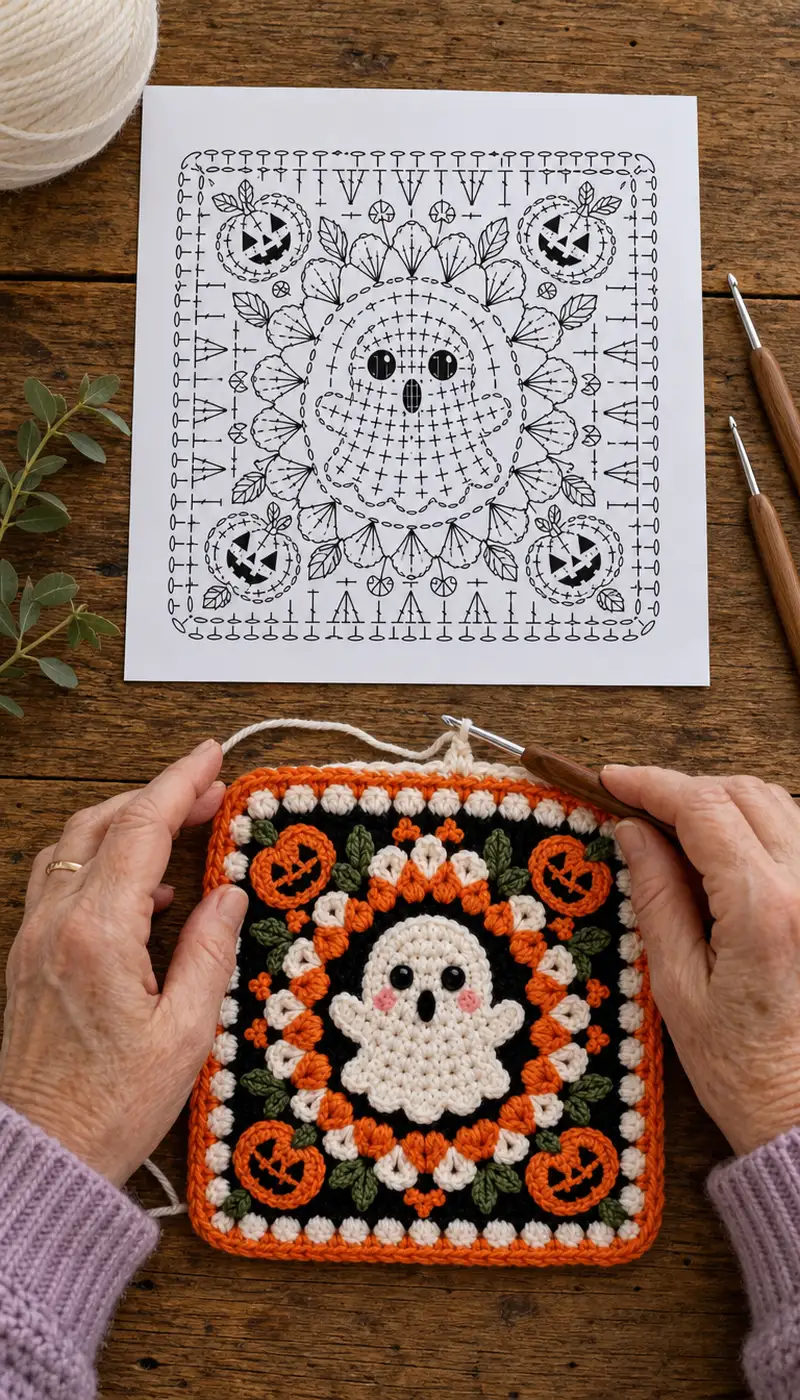 Spooky Ghost Granny Square Pattern crochet pattern - detailed view of completed project
