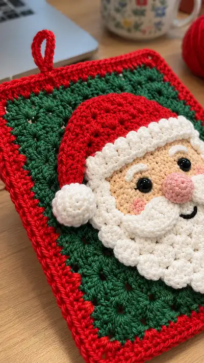 Santa Granny Square Potholder Amigurumi Pattern step 2 - assembly progress
