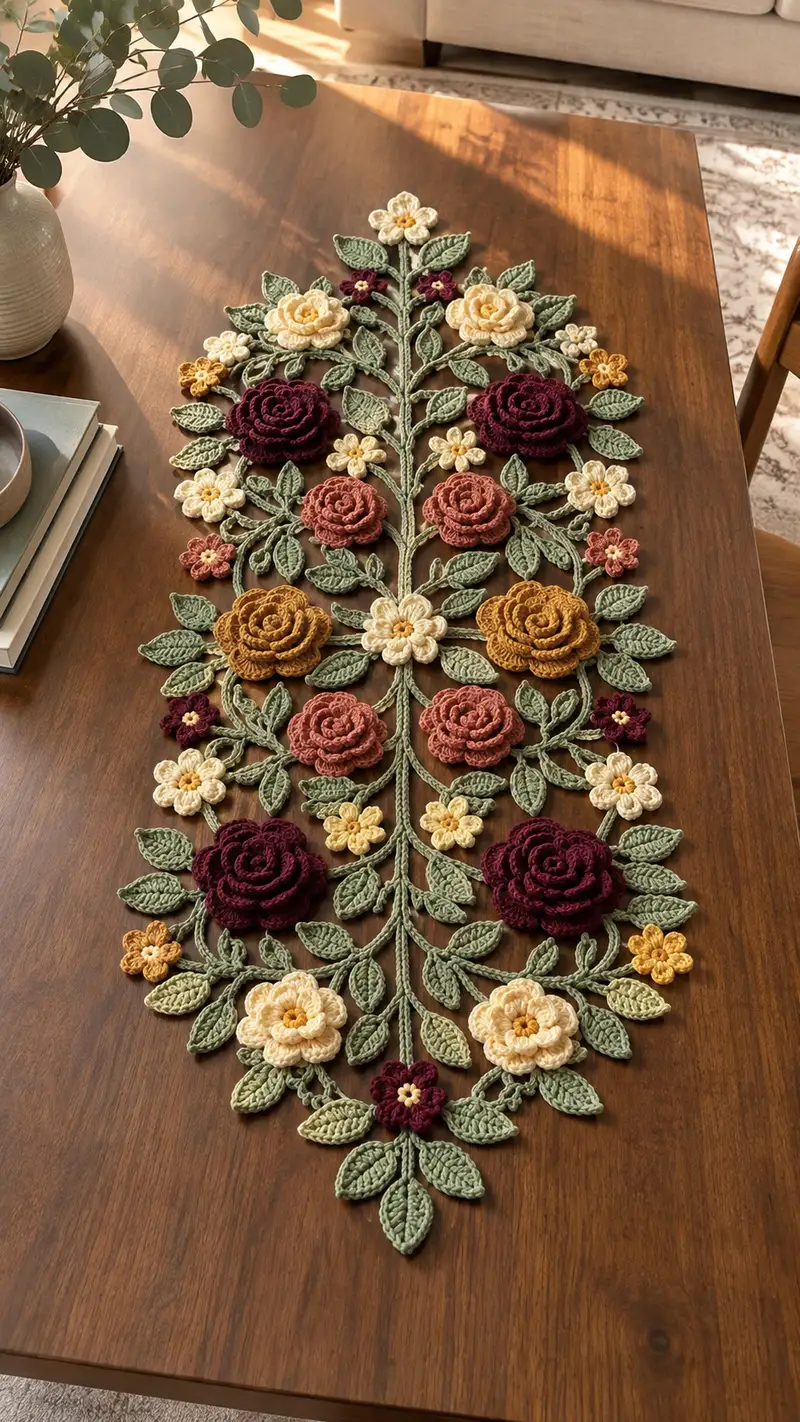 Botanical Blossoms Table Runner Pattern crochet pattern - detailed view of completed project