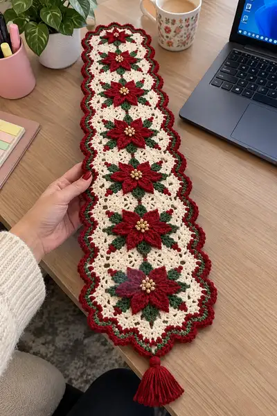Red Poinsettia Cream Lace Table Runner Pattern step 2 - assembly progress