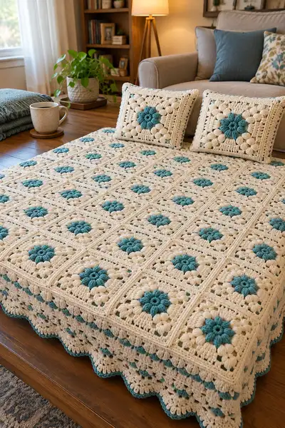 Luxury Puff Granny Square Bedspread Pattern step 2 - assembly progress