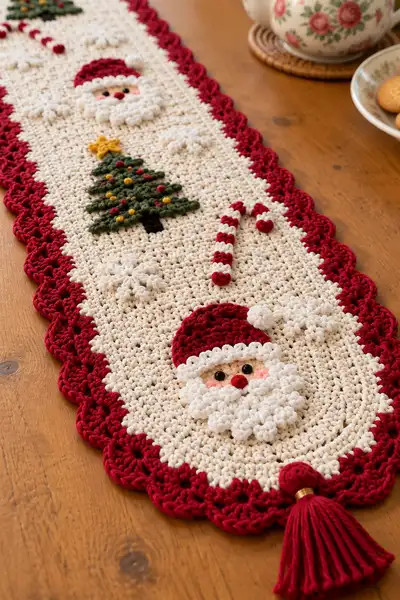 Holiday Table Runner with Santa Faces & Trees Pattern step 2 - assembly progress