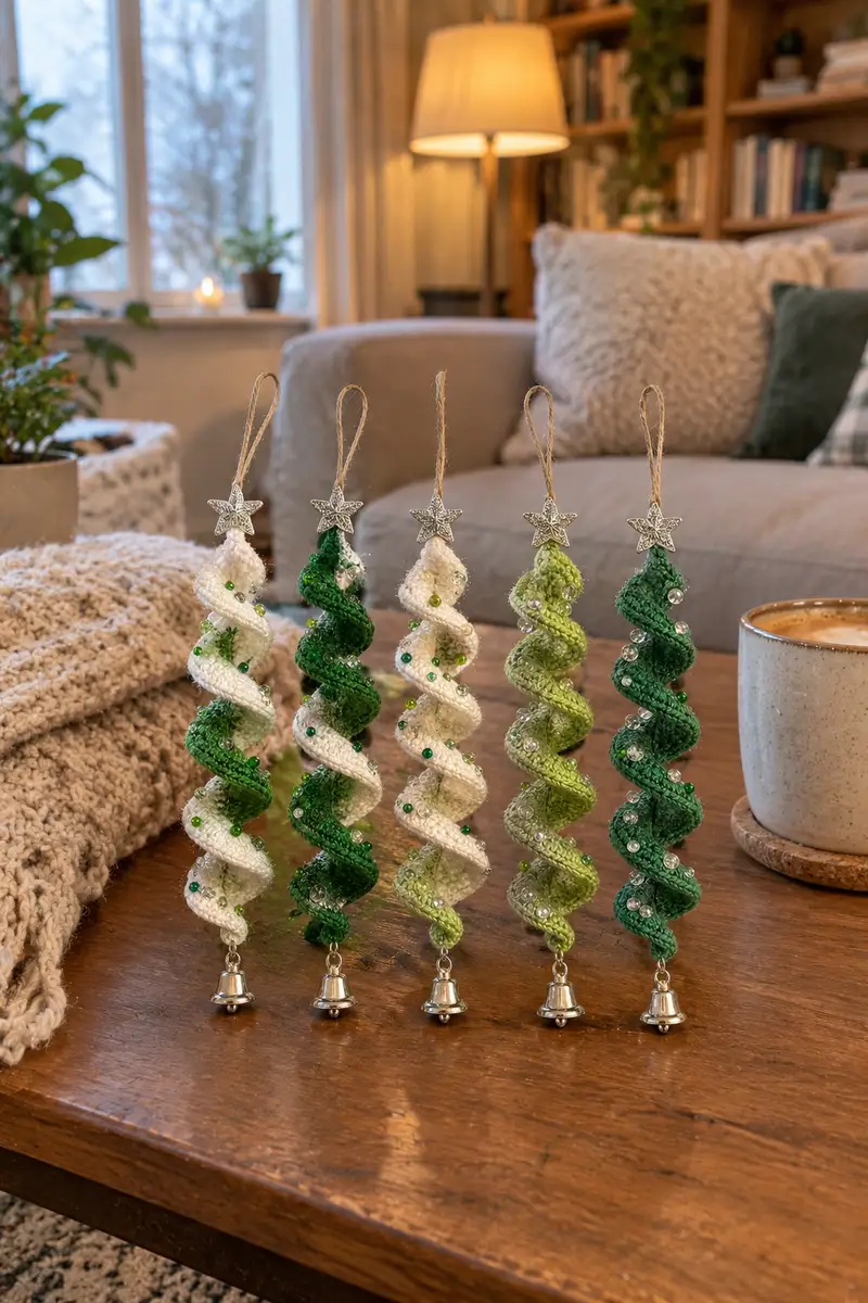 Spiral Christmas Tree Hanging Ornament Pattern crochet pattern - detailed view of completed project
