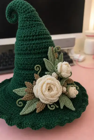 Big Emerald Spiral Witch Hat with Ivory Peonies Pattern step 2 - assembly progress