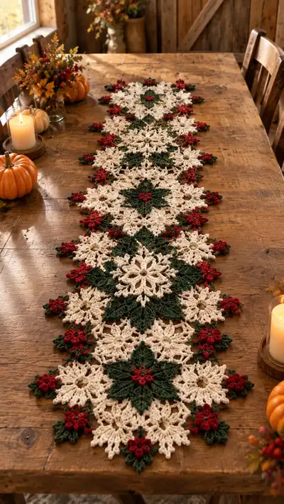 Cream Forest Green Burgundy Snowflake Table Runner Pattern step 1 - construction progress