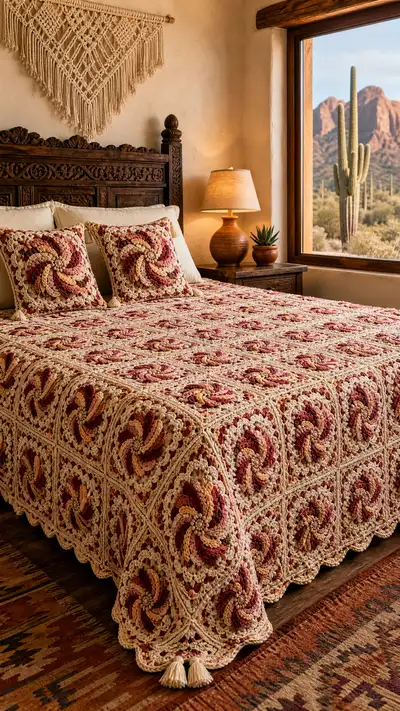 Cranberry Swirl Granny Square Bedspread Pattern step 1 - construction progress