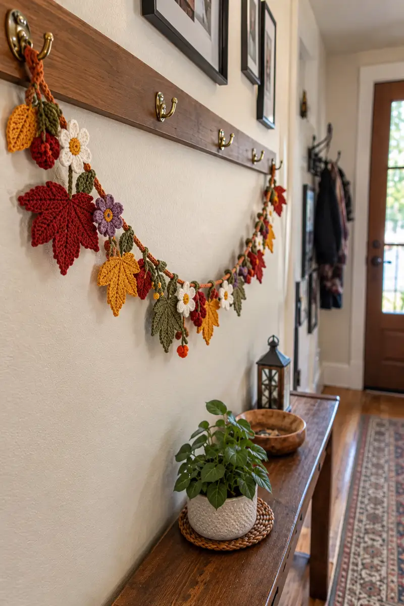 Wildflower and Maple Freeform Autumn Table Runner Pattern crochet pattern - detailed view of completed project