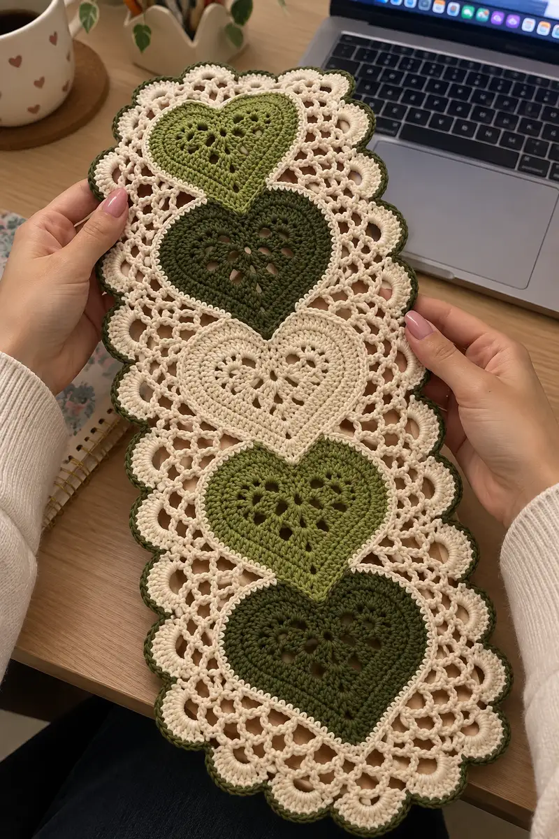 Lace Heart Runner Table Decor Pattern crochet pattern - detailed view of completed project