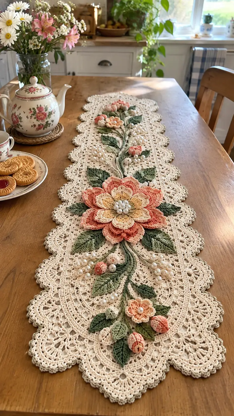 Vintage Floral Lace Table Runner Pattern crochet pattern - detailed view of completed project
