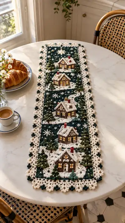 Ivory And Forest Green Cottage Winter Table Runner Pattern step 1 - construction progress