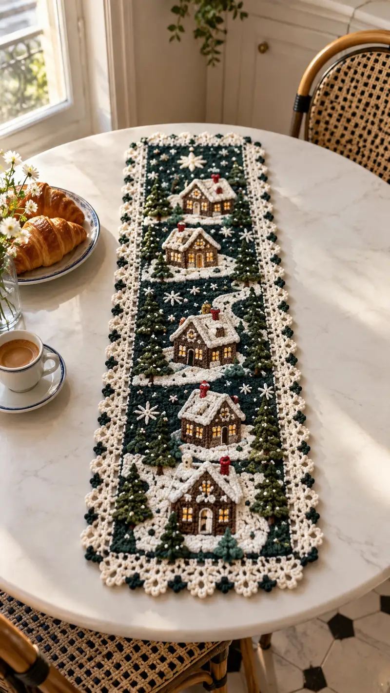 Ivory And Forest Green Cottage Winter Table Runner Pattern crochet pattern - detailed view of completed project