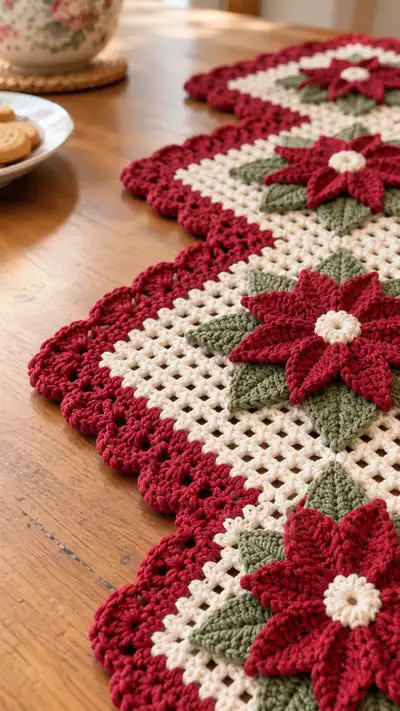 Holiday Poinsettia Square Table Runner Pattern step 2 - assembly progress