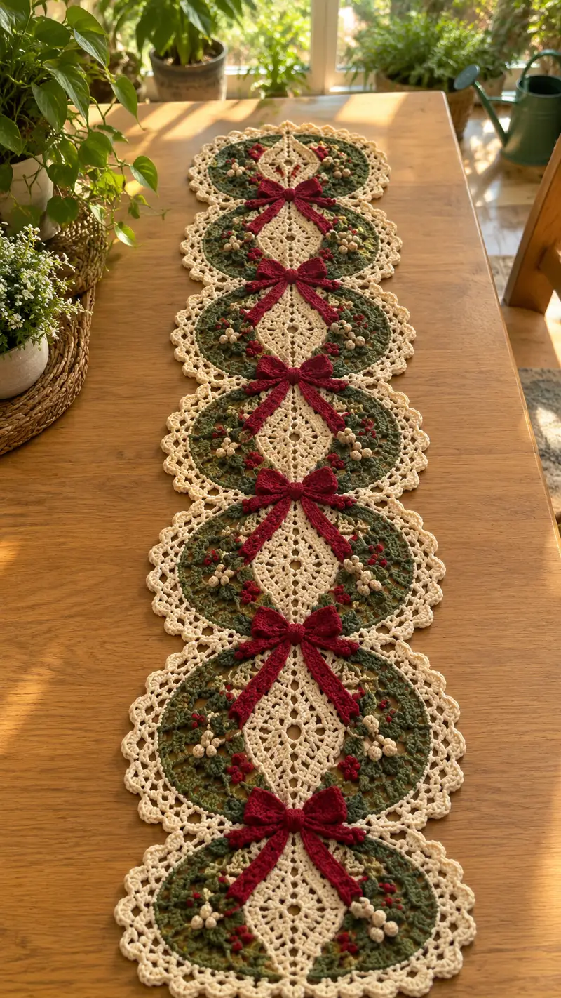 Cream Lace Forest Green Berry Bow Table Runner Pattern crochet pattern - detailed view of completed project