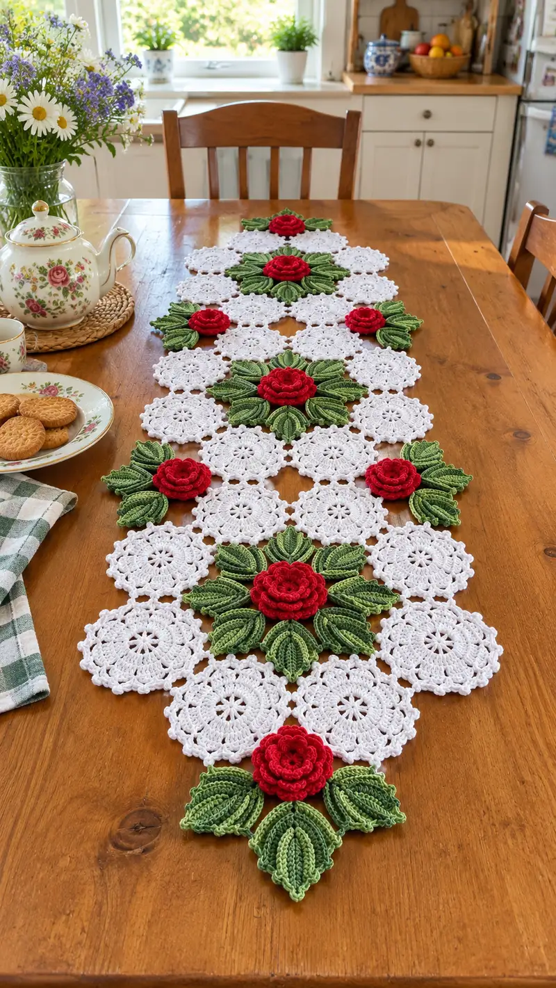 Rose Garden Table Runner Pattern crochet pattern - detailed view of completed project