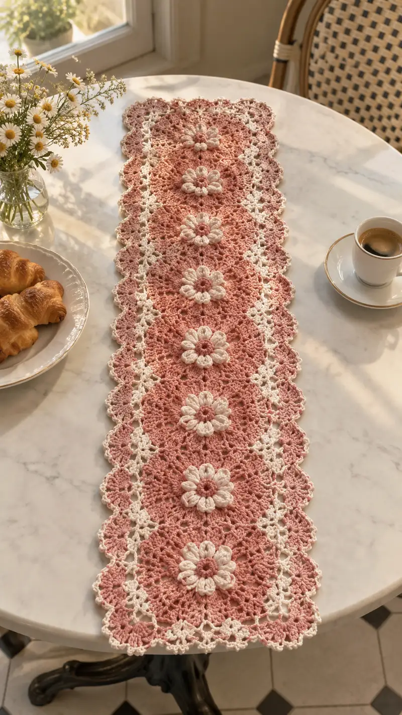 Blush Pink And Cream Daisy Table Runner Pattern crochet pattern - detailed view of completed project