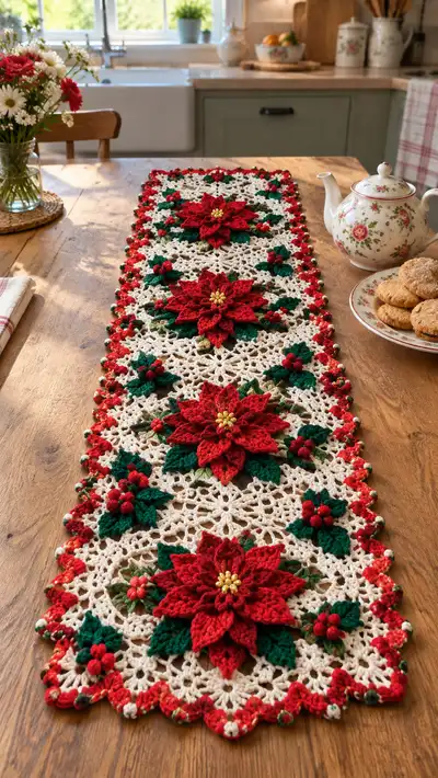 Festive Poinsettia Table Runner Pattern step 1 - construction progress