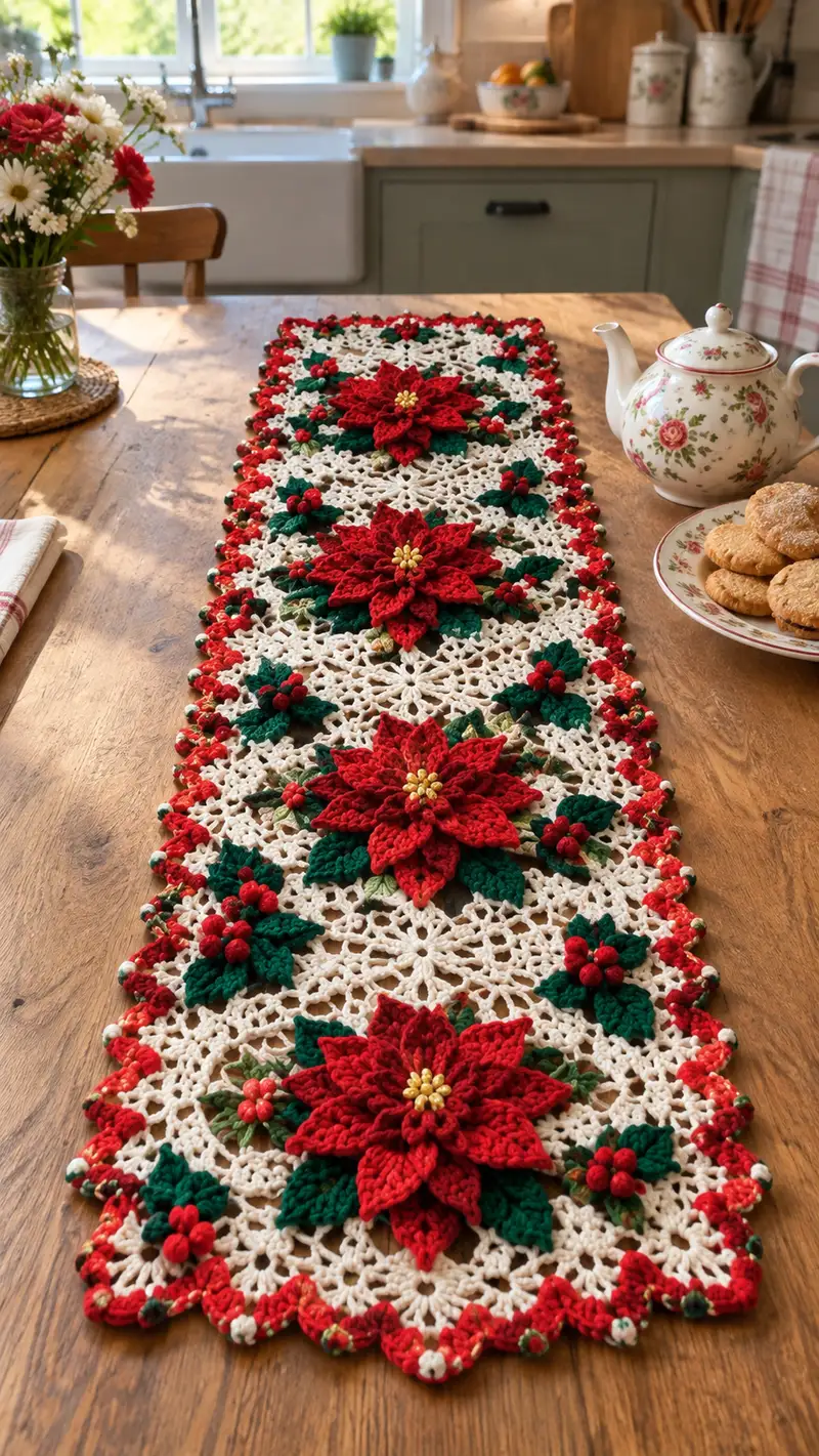 Festive Poinsettia Table Runner Pattern crochet pattern - detailed view of completed project