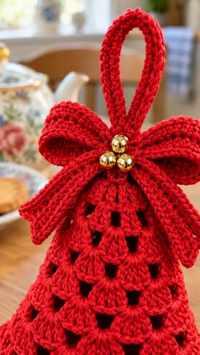 Festive Red Crochet Bell Ornament Pattern step 2 - assembly progress