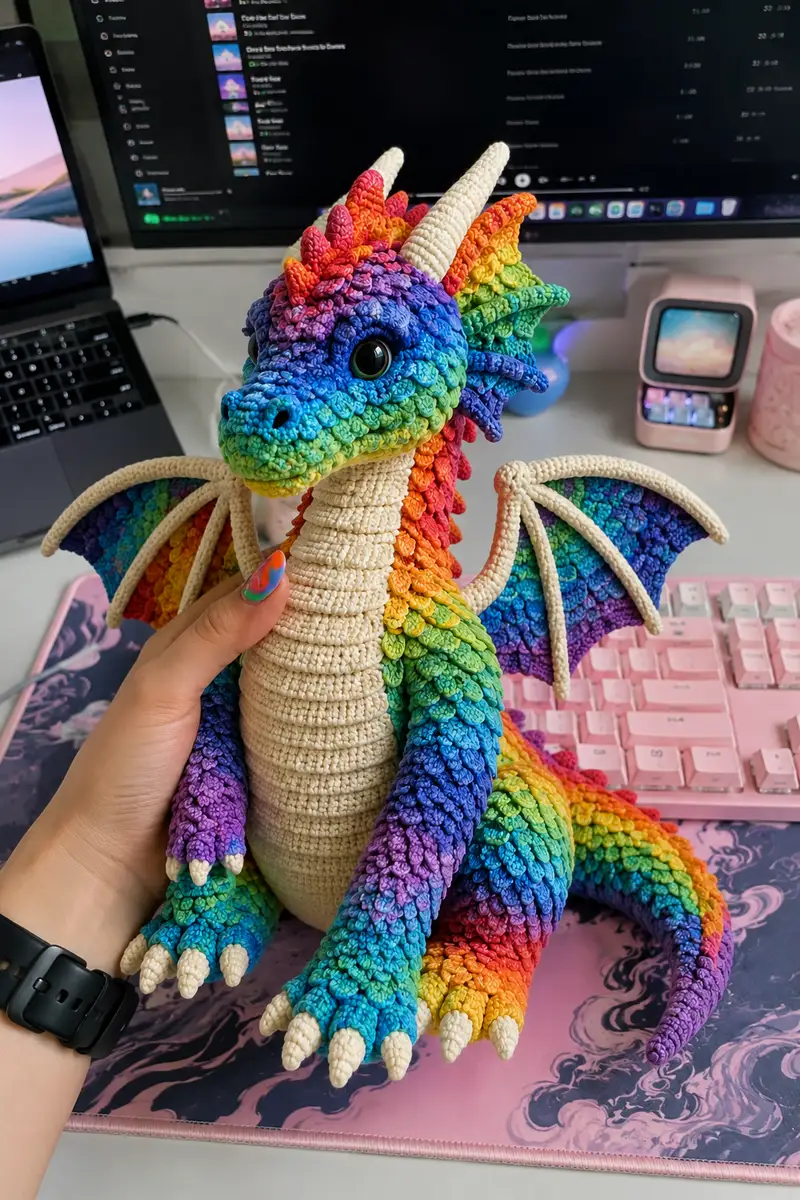 Giant Rainbow Scale Dragon Amigurumi Pattern crochet pattern - detailed view of completed project