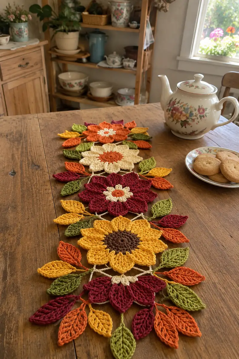 Autumn Sunflower Table Runner Pattern crochet pattern - detailed view of completed project