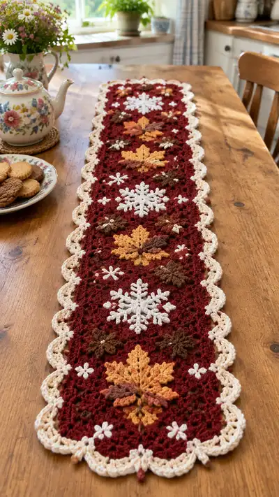Autumn Leaves & Snowflake Table Runner Pattern step 1 - construction progress