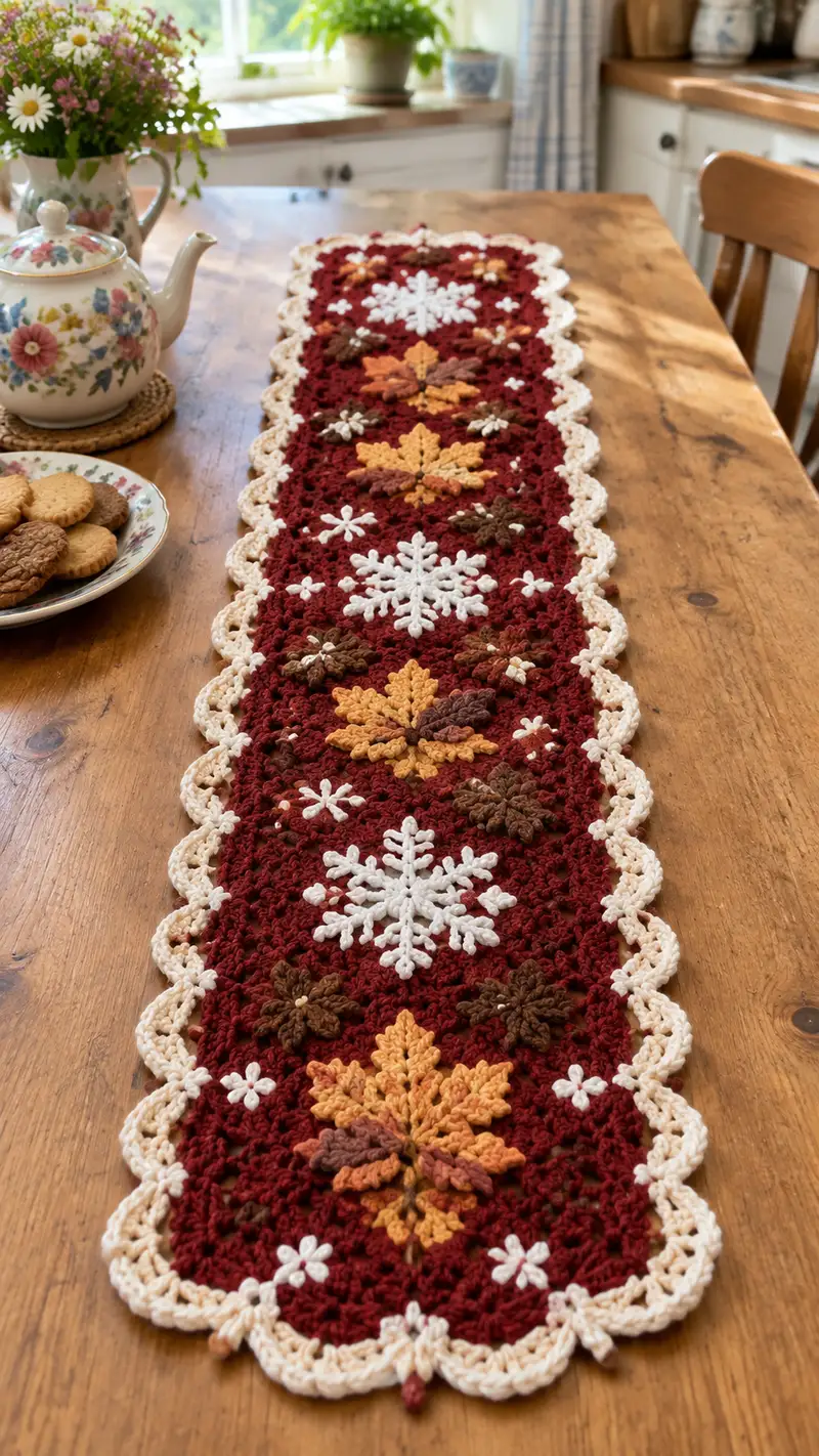 Autumn Leaves & Snowflake Table Runner Pattern crochet pattern - detailed view of completed project