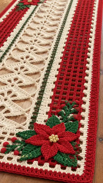 Festive Poinsettia Table Runner Pattern step 2 - assembly progress