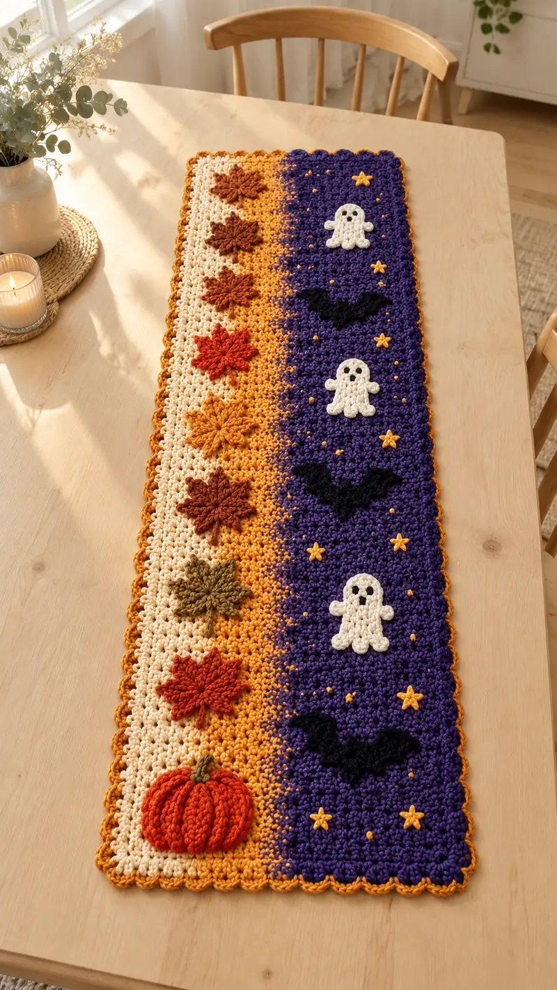 Autumn Halloween Table Runner Pattern crochet pattern - detailed view of completed project