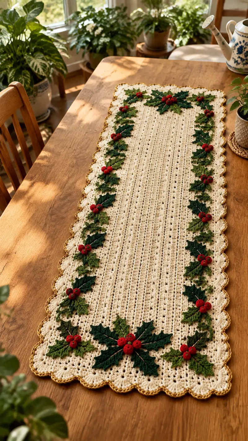Holly Scallop Table Runner Pattern crochet pattern - detailed view of completed project