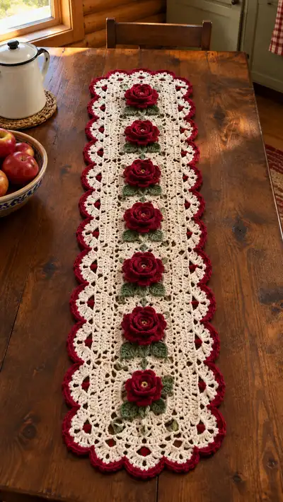 Crimson Rose on Cream Table Runner Pattern step 1 - construction progress
