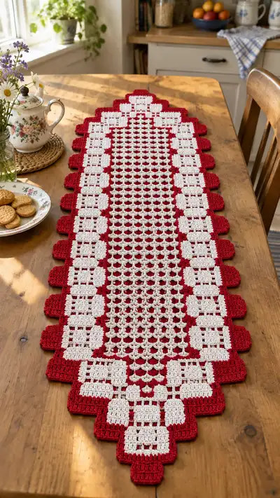 Vintage Red and White Filet Table Runner Pattern step 1 - construction progress