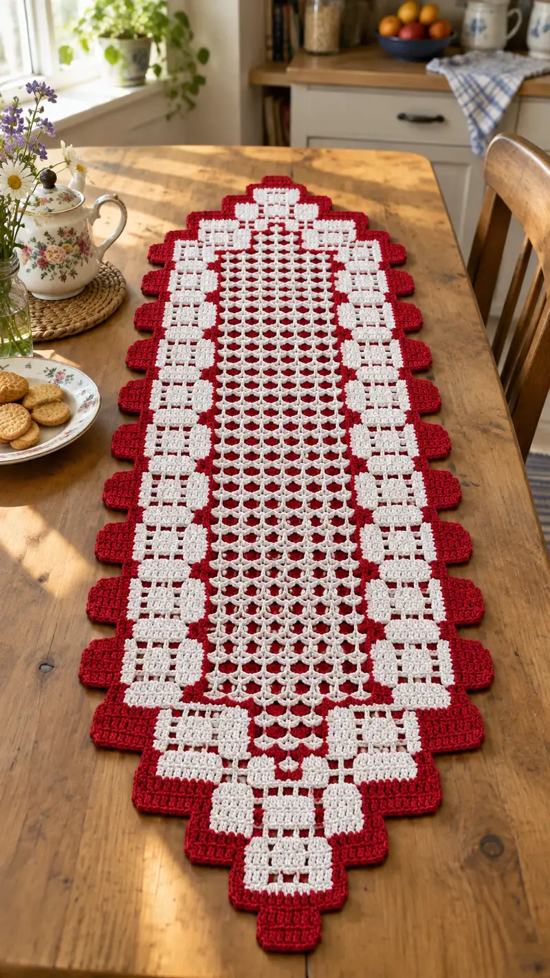 Vintage Red and White Filet Table Runner Pattern crochet pattern - detailed view of completed project