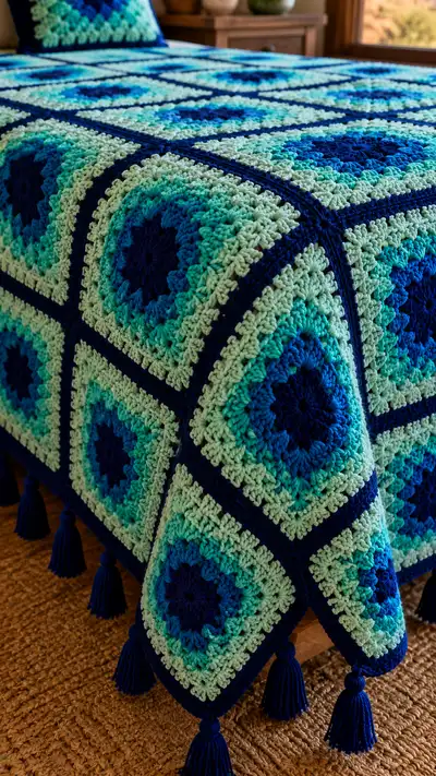 Oceanic Navy Granny Square Bedspread Pattern step 2 - assembly progress