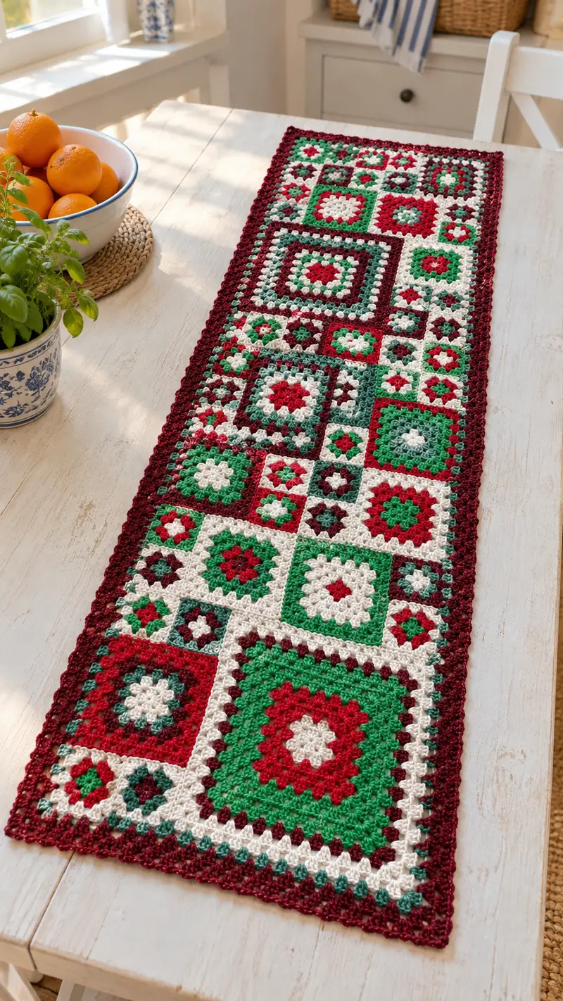 Festive Granny Squares Table Runner Pattern crochet pattern - detailed view of completed project