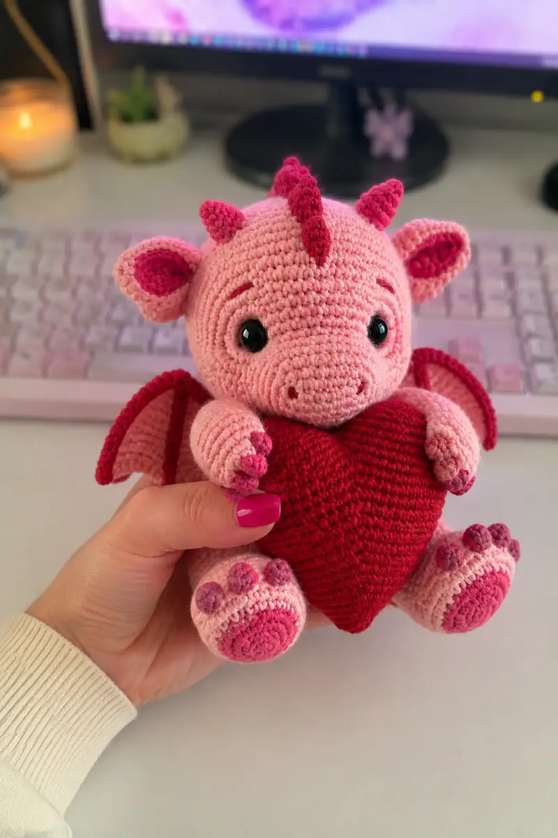 Big Rosy Love Dragon Hugging a Big Red Heart Amigurumi Pattern crochet pattern - detailed view of completed project