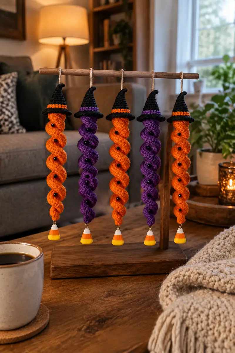 Halloween Spiral Hanging Ornament Garland Pattern crochet pattern - detailed view of completed project