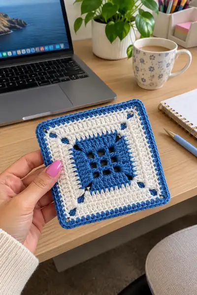 Royal Blue and Cream Granny Square Bed Throw Pattern step 2 - assembly progress