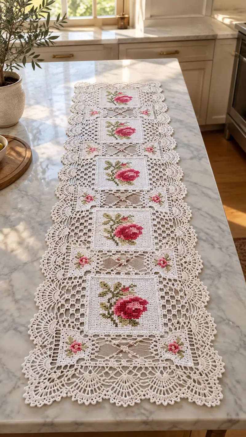 Free crochet pattern: Vintage Rose Table Runner Pattern - Advanced level tutorial